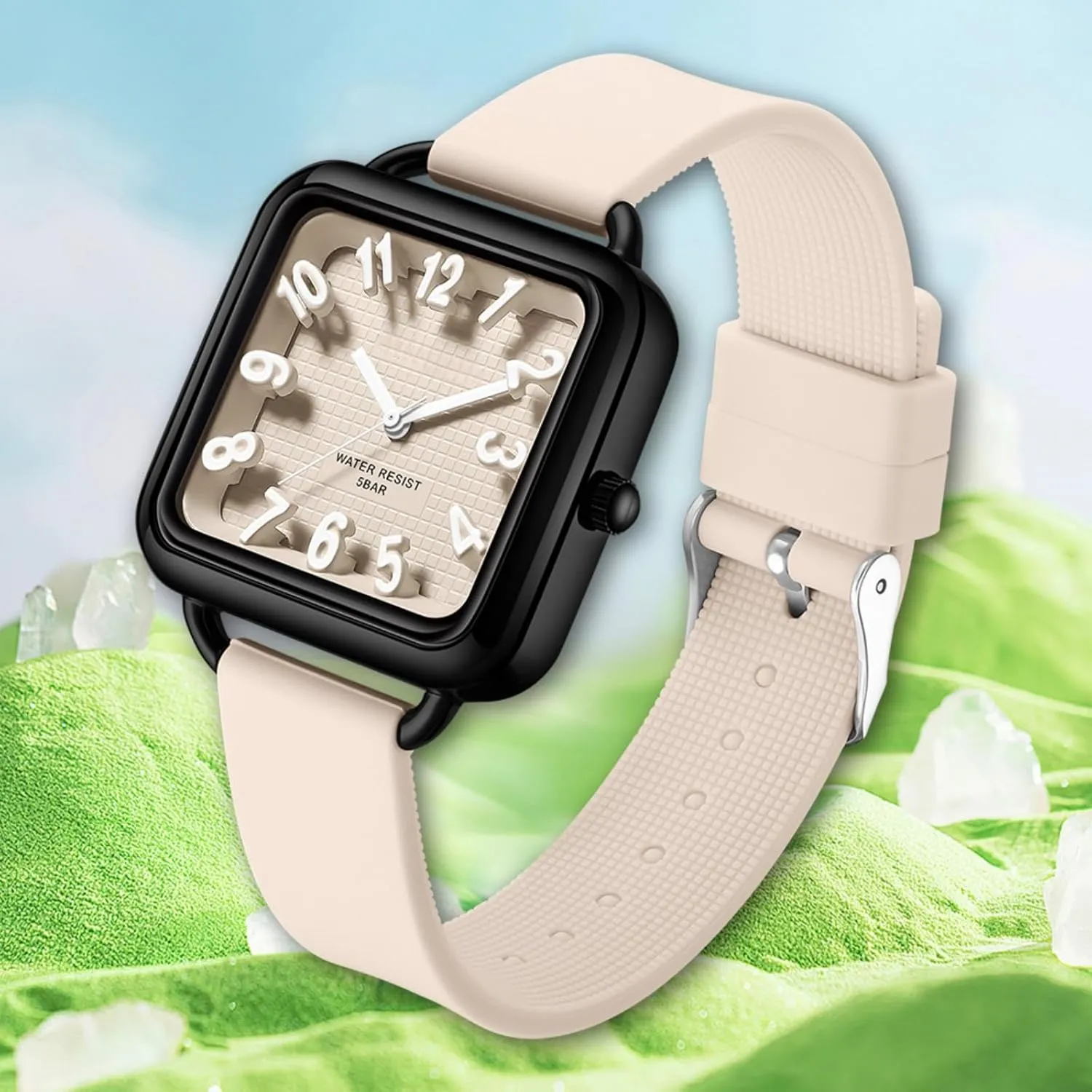 Dial Easy to Read Watches Colorful dexterous unstable leaky luxurious horn Green Silicone Strap Reloj para Mujer findtime Women Watch 3D Designer Big Arabic Numbers Square 