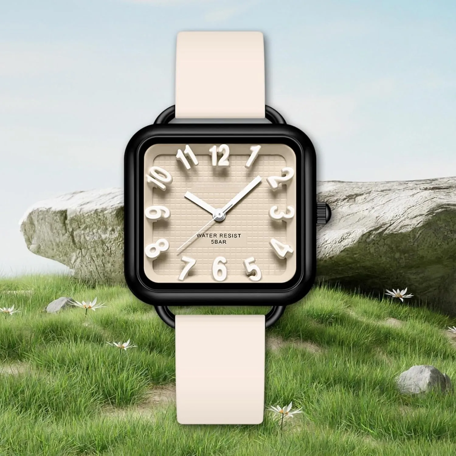 Dial Easy to Read Watches Colorful dexterous unstable leaky luxurious horn Green Silicone Strap Reloj para Mujer findtime Women Watch 3D Designer Big Arabic Numbers Square 