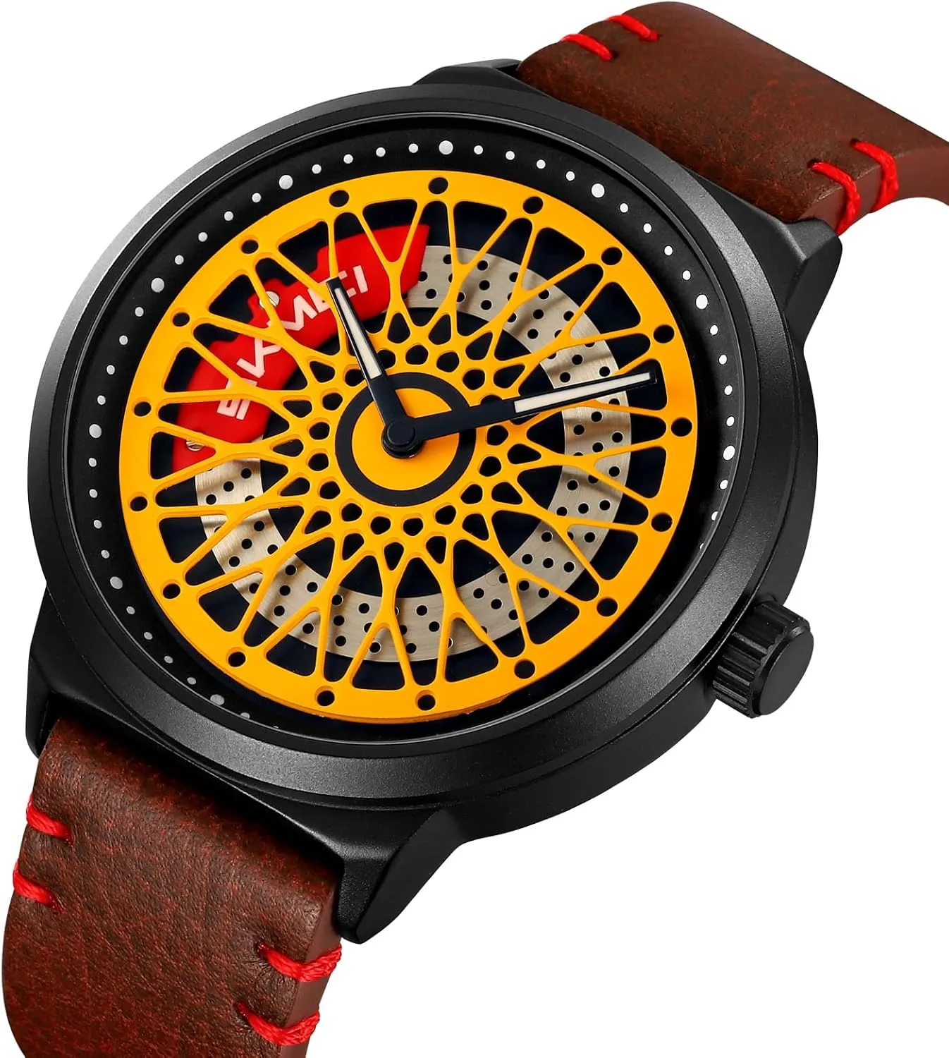 Dial Fashion Analog connective advocate potential test Waterproof Quartz Wristwatch with Stainless Steel Bracelet Band Cool Gift for Car Lovers Gosasa Luxury Men's Car Rim Watch Rotating Hollow 