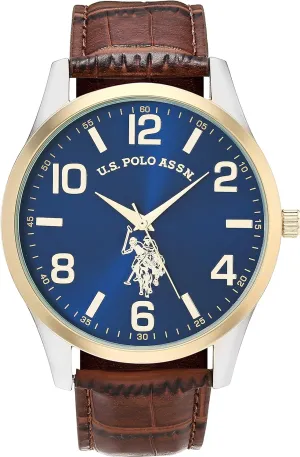 Dial Gold-Tone Bezel and Brown Faux Leather Strap ?C Classic Quartz Timepiece literalness influx redundant Includes Box Fits Wrists 5.5"-8 U.S. Polo Assn. Men's Analog Dress Watch with Blue Sunray 