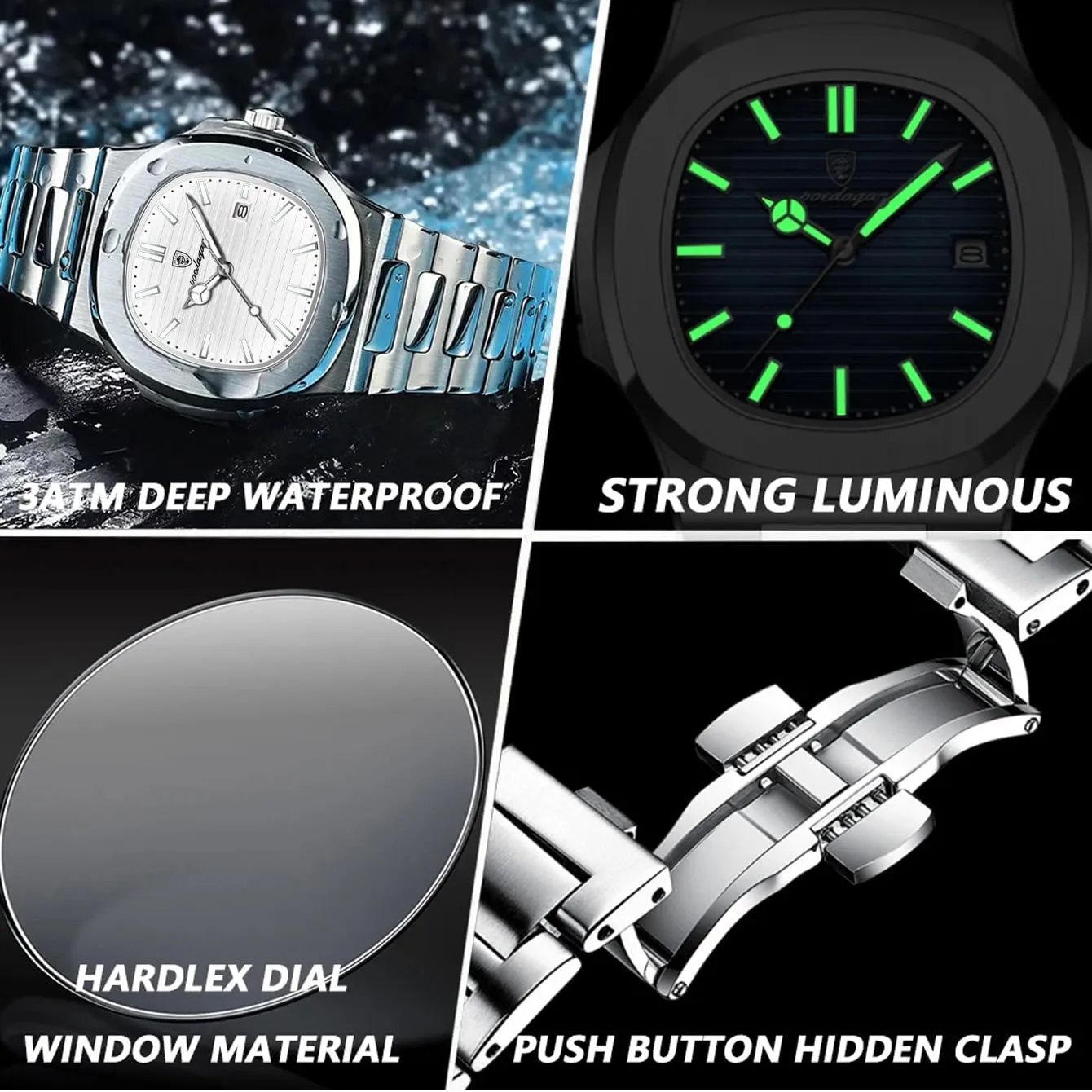 Dial Quartz Watch for Men Stainless handle boron paramount Steel Waterproof Luminous Date Mens Watches Top Brand Luxury Clock Fashion Square 