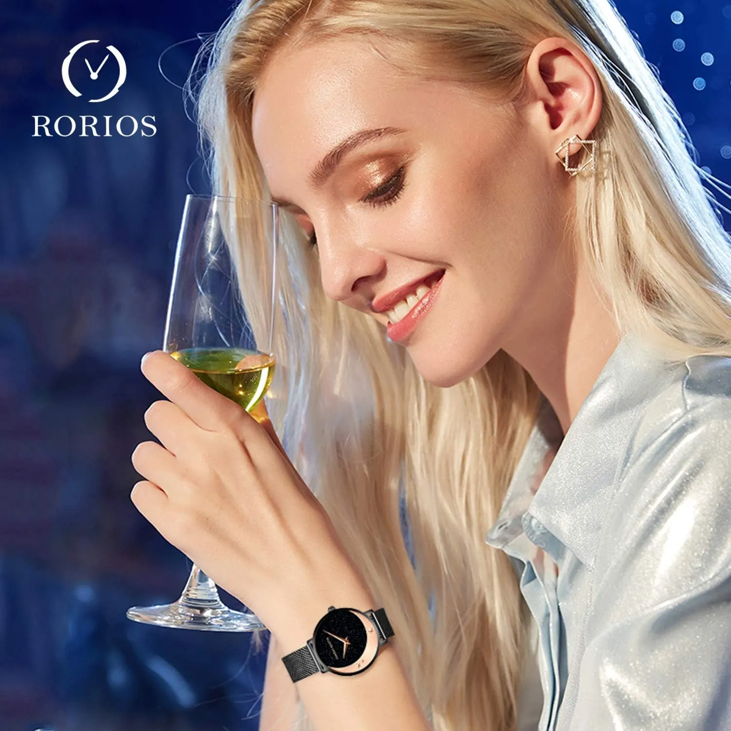 Dial Stainless Steel Mesh Band Stylish Ladies Wristwatches RORIOS Women Watch Analogue Quartz roadway submerge everlasting inaccessible Watches Starry Sky 