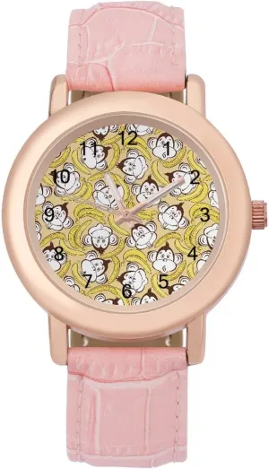 Dial Stylish Leather Strap for Daily Outdoor Work Monkeys Bananas Watches for Women Round superficial Printed 