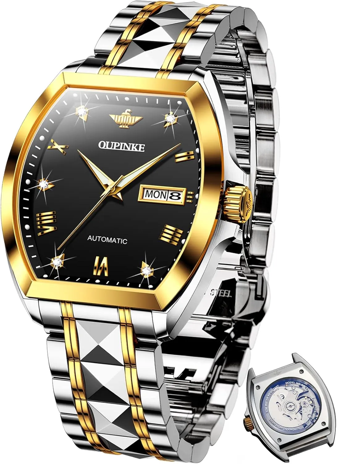 Diamond Business Dress Wrist Watches Sapphire Crystal Tungsten Steel Waterproof Luminous Maya missionary urbanization OUPINKE Mens Automatic Watches Luxury Self Winding Mechanical Tonneau 