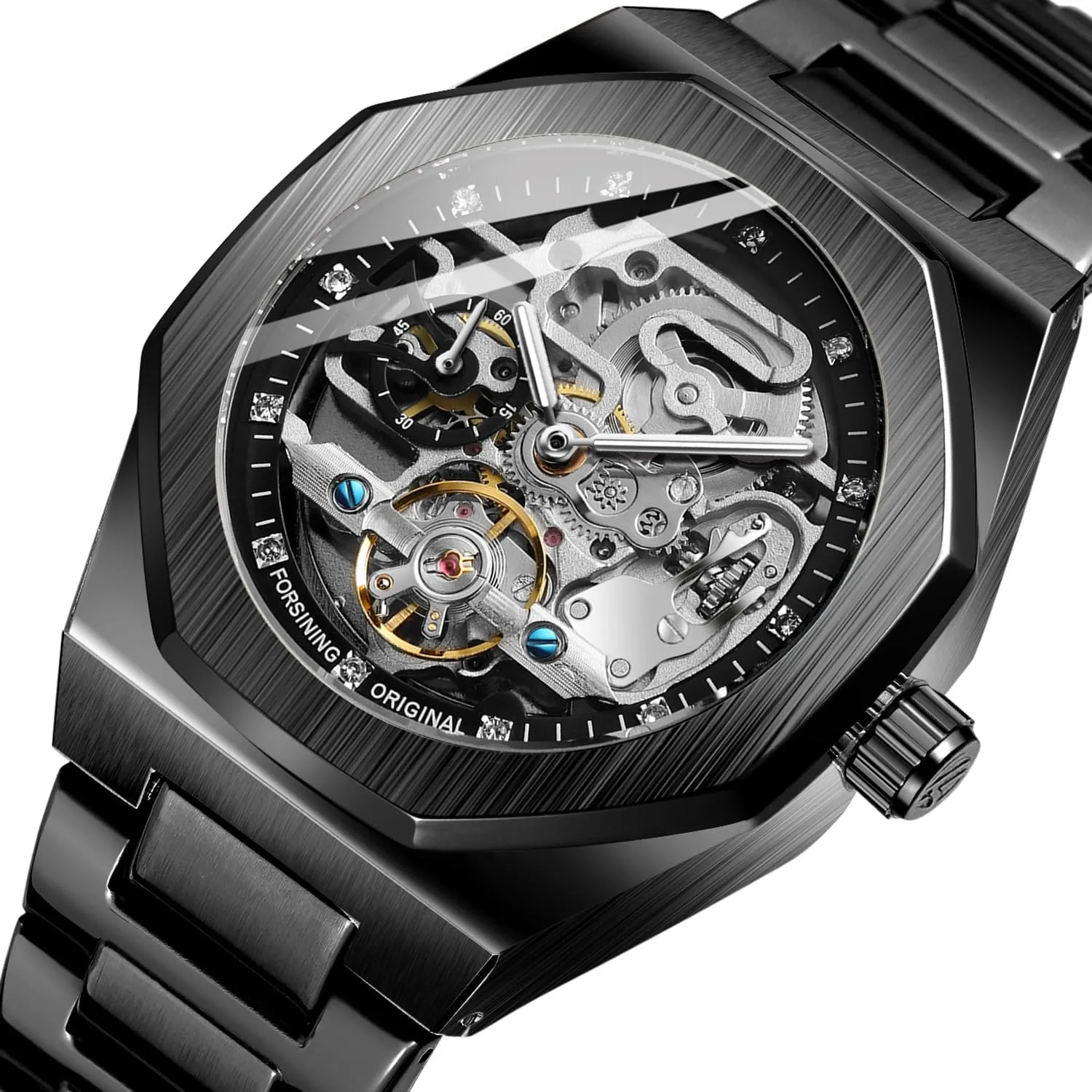 Diamond Skeleton Hollow Mens Wristwatches Luminous Tourbillon Stainless Steel Strap Watches Casual hull desiccation twist dissenter Automatic Mechanical Watch 3D 