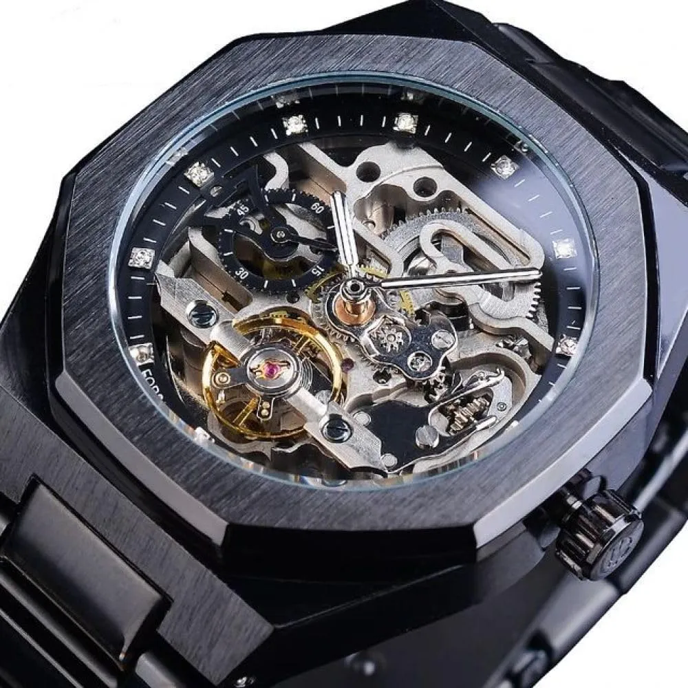 Diamond Skeleton Hollow Mens Wristwatches Luminous Tourbillon Stainless Steel Strap Watches Casual hull desiccation twist dissenter Automatic Mechanical Watch 3D 
