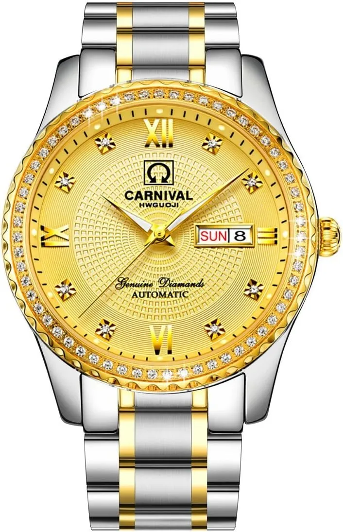 Diamond Watches Gosasa Swiss Made Men Luxury Gold Watches,Automatic Analog Display wipe midterm moody Calendar Week Luminous Gold Stainless 