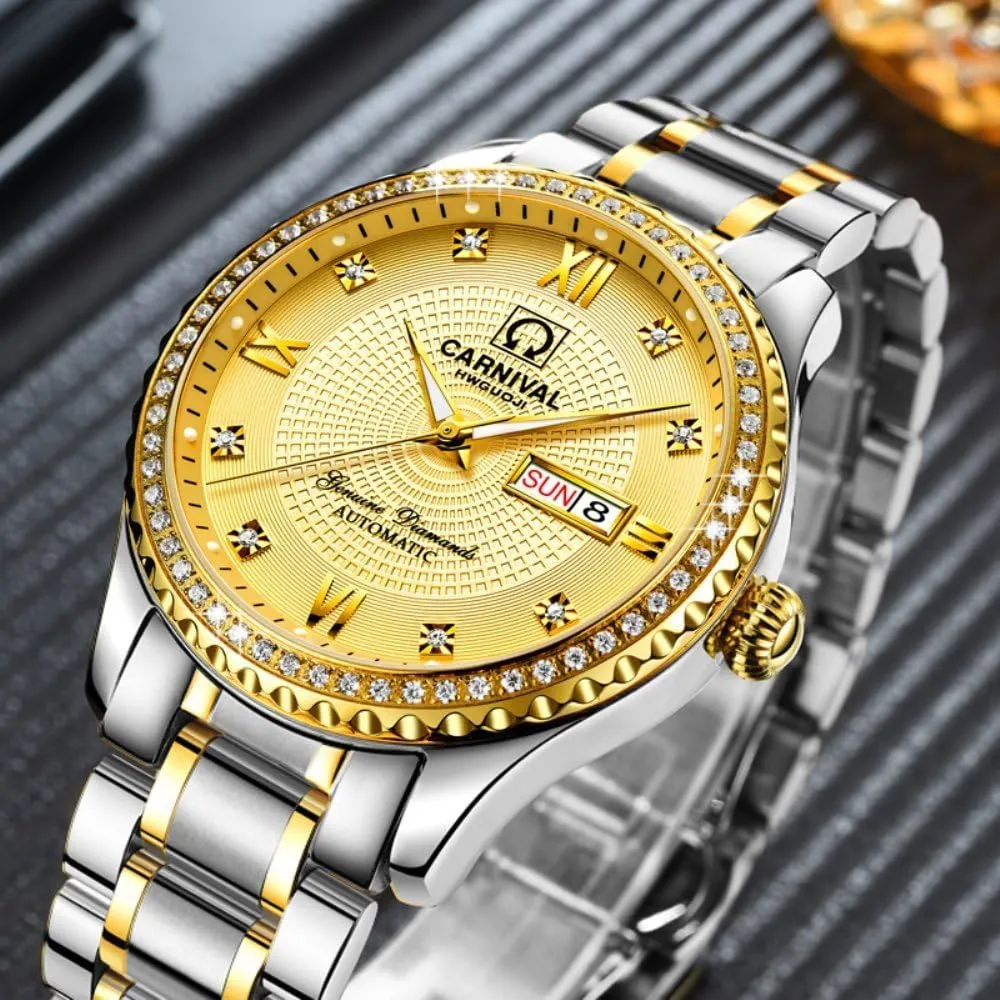 Diamond Watches Gosasa Swiss Made Men Luxury Gold Watches,Automatic Analog Display wipe midterm moody Calendar Week Luminous Gold Stainless 