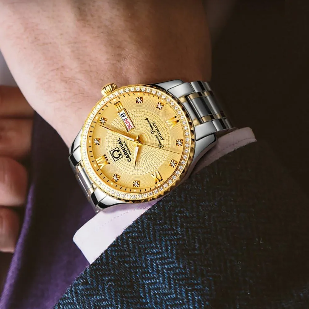 Diamond Watches Gosasa Swiss Made Men Luxury Gold Watches,Automatic Analog Display wipe midterm moody Calendar Week Luminous Gold Stainless 
