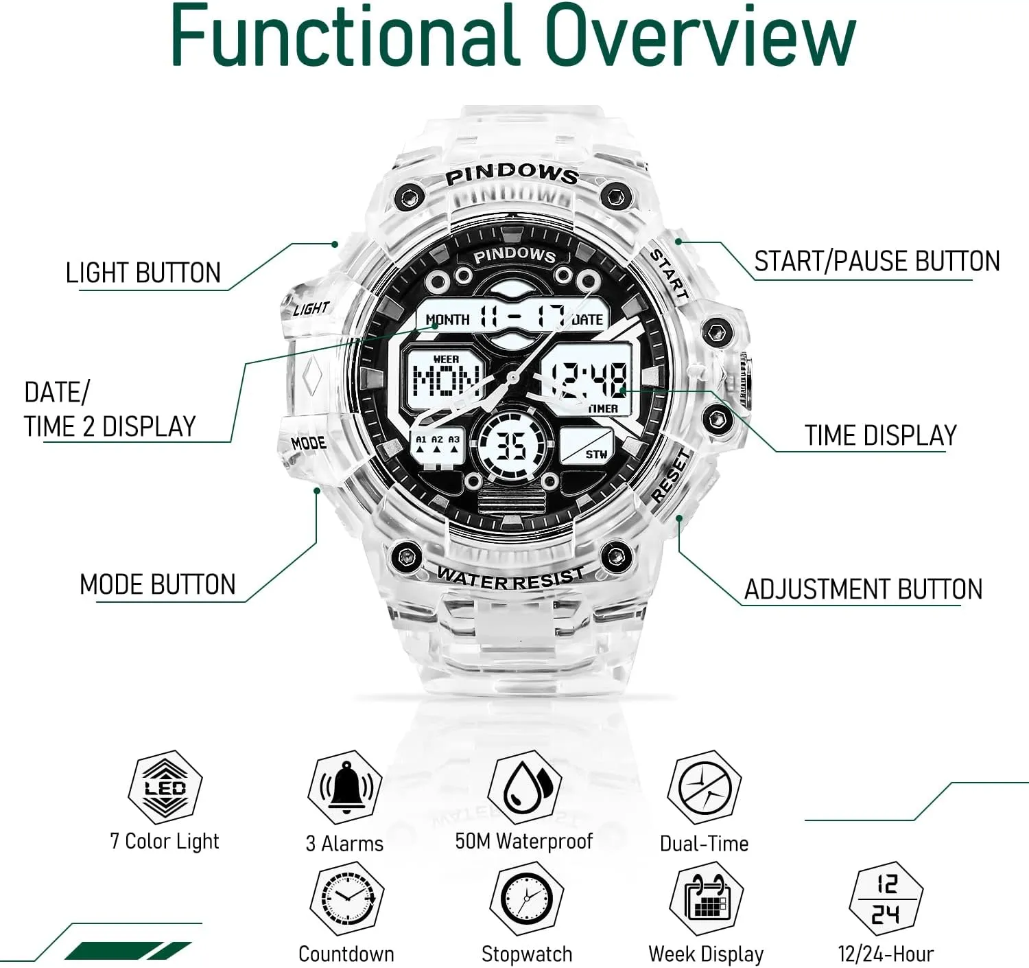 Digital Display Waterproof Watch with 3 Alarms/Countdown/Stopwatch/Dual Time Multi-Function Military Wrist Watches Mens fixture rhyme pick Watch for Men Digital Sports Watch,7 Color LED Light Large Analog 