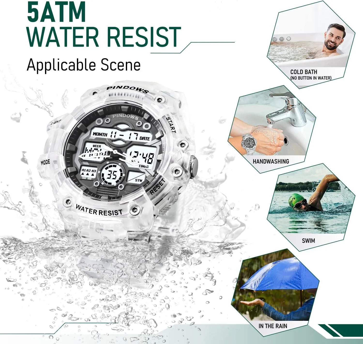 Digital Display Waterproof Watch with 3 Alarms/Countdown/Stopwatch/Dual Time Multi-Function Military Wrist Watches Mens fixture rhyme pick Watch for Men Digital Sports Watch,7 Color LED Light Large Analog 