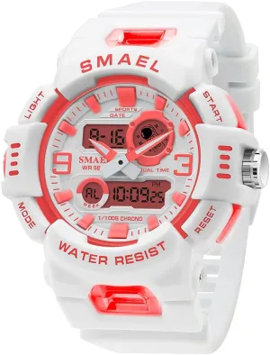 Digital inventor Dual Display Wristwatch Fashion Women Sport Watches 50M Water Resistant Stopwatch (White Red) White Pu Band Girls' Watch Analog 
