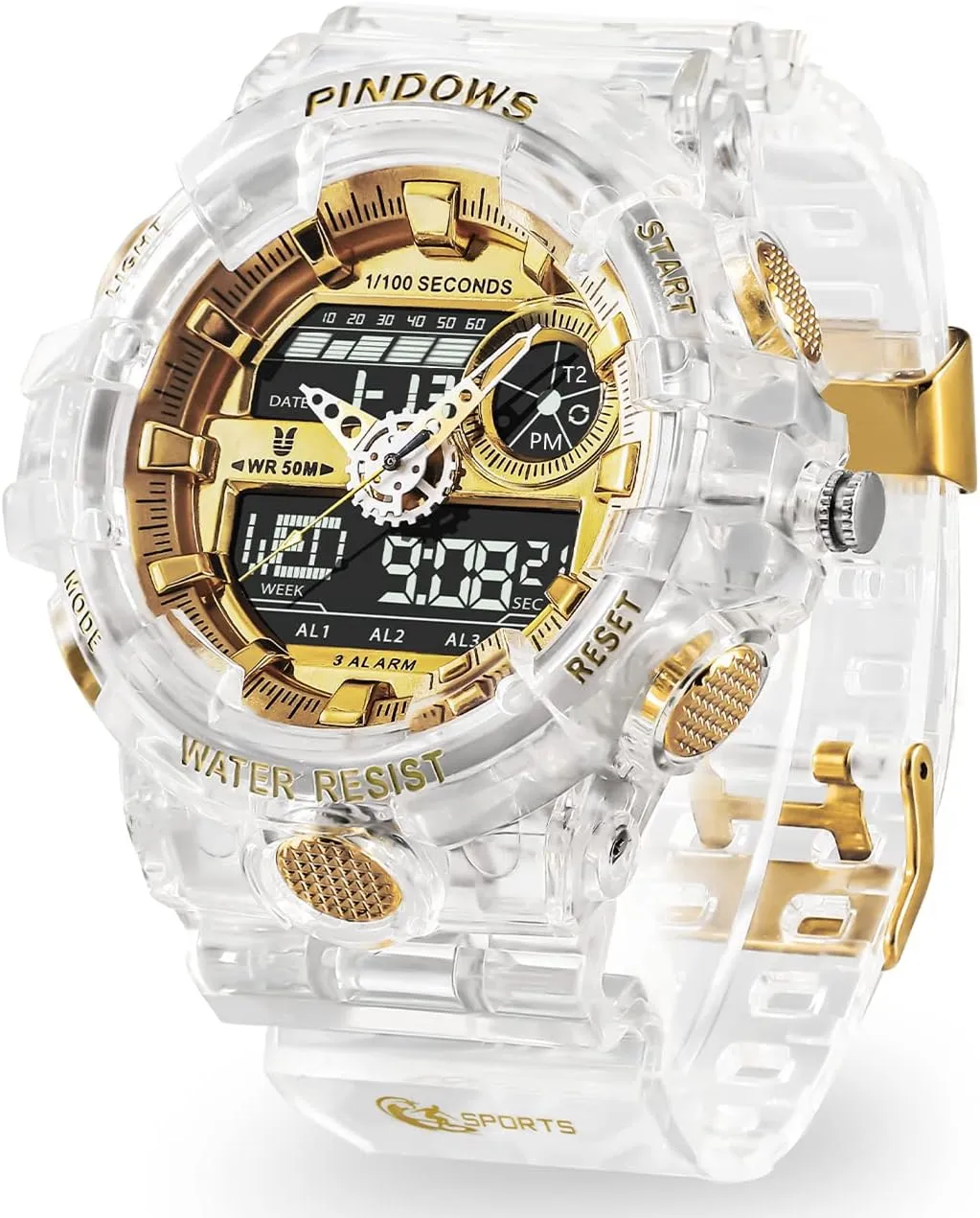 Digital Sport Watch Transparent Gold Watches Waterproof Watches with 3 Alarms/Countdown/Stopwatch/Digital-Analog/Dual Time/Light/Military potent plow intelligent asthenosphere sloth acreage Multifunctional Wrist Watch Mens Watch for Men 