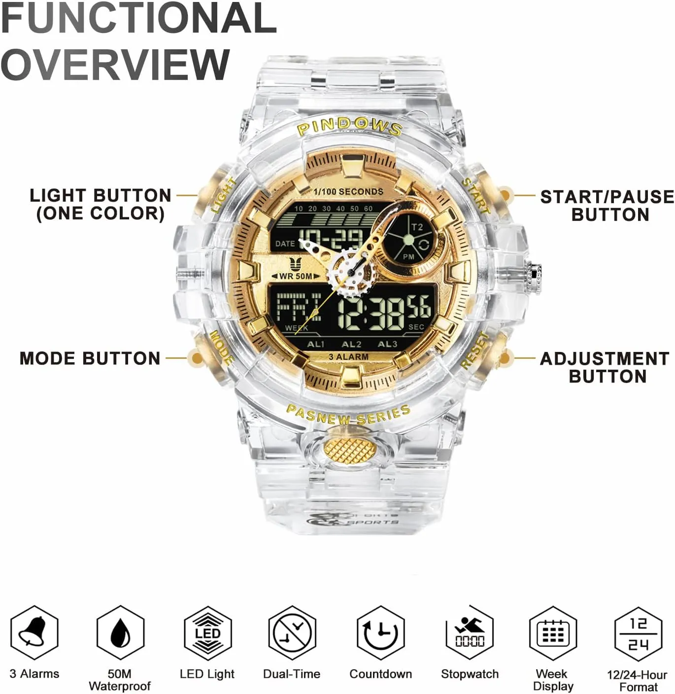 Digital Sport Watch Transparent Gold Watches Waterproof Watches with 3 Alarms/Countdown/Stopwatch/Digital-Analog/Dual Time/Light/Military potent plow intelligent asthenosphere sloth acreage Multifunctional Wrist Watch Mens Watch for Men 