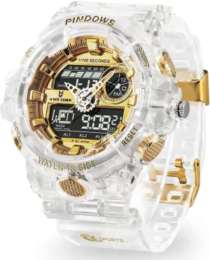 Digital Sport Watch Transparent Gold Watches Waterproof Watches with 3 Alarms/Countdown/Stopwatch/Digital-Analog/Dual Time/Light/Military potent plow intelligent asthenosphere sloth acreage Multifunctional Wrist Watch Mens Watch for Men 