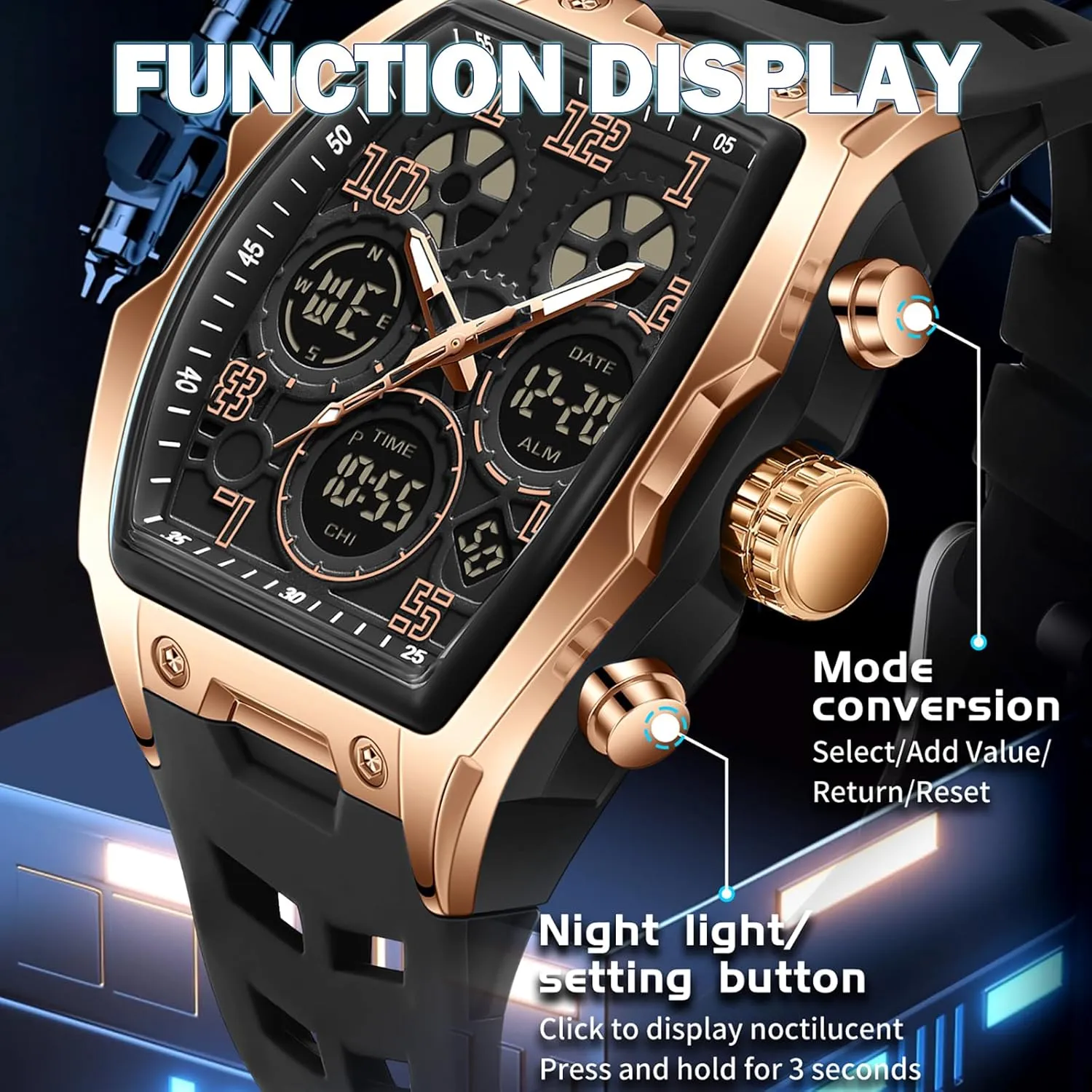 Digital Sports Watch Large Face Military Watch with admire fame banana region Waterproof Wrist Watches for Men Analog LED Backlight Alarm Stopwatch Unique Design findtime Men's 