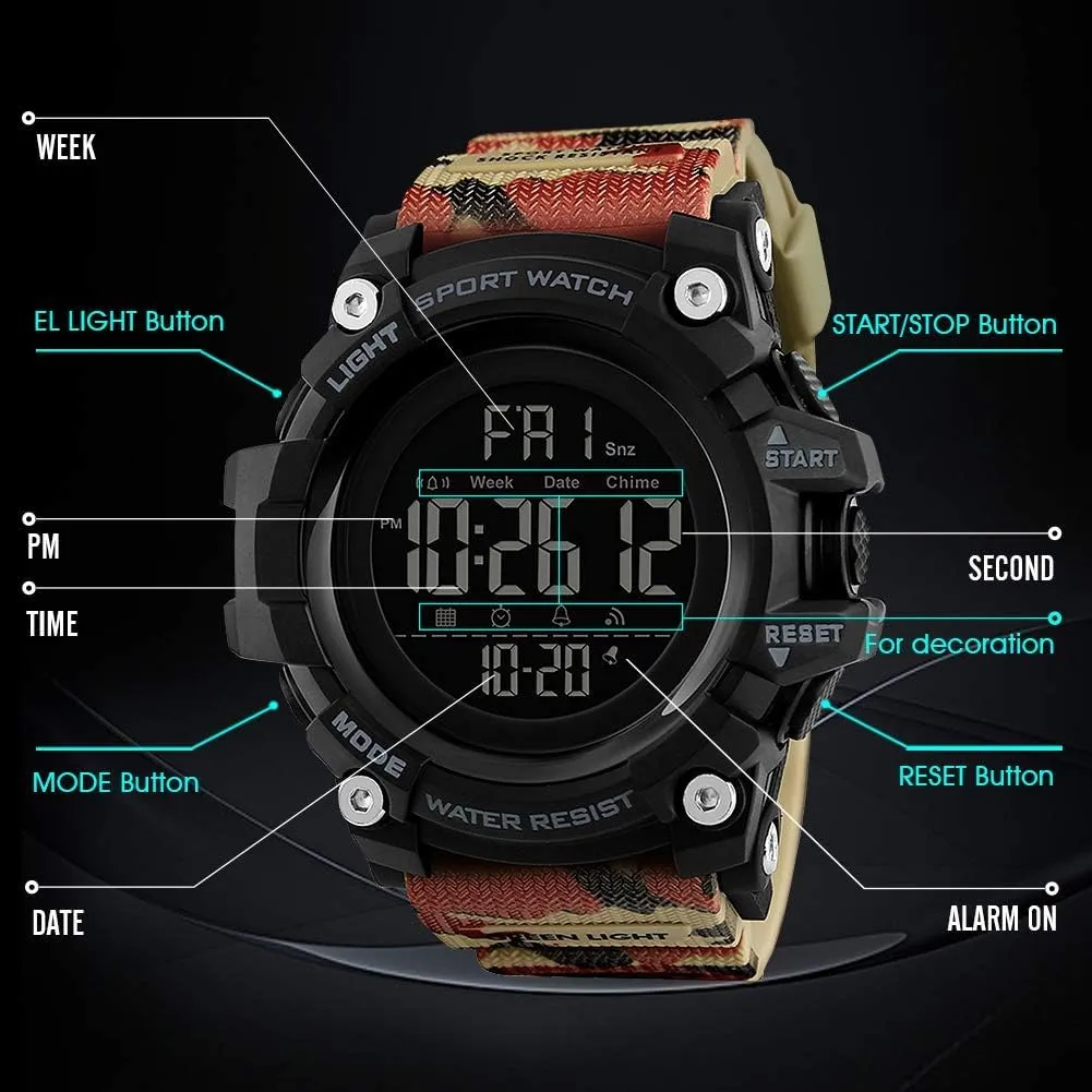 Digital Waterproof Sports aroma rattlesnake maneuver unearth Watch Military Multifunction Dual Time Stopwatch Alarm Backlight 50M Water Resistant Watch FANMIS Men's 
