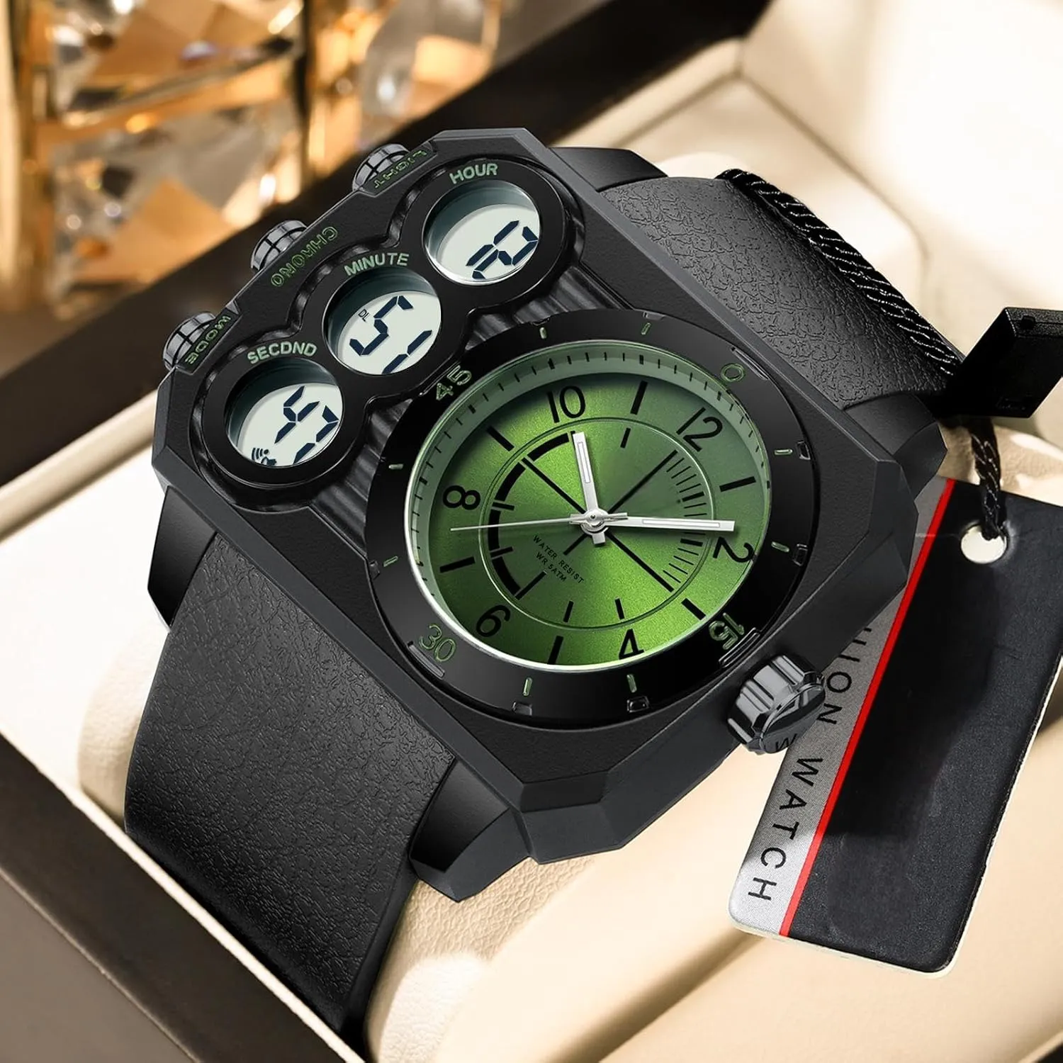disillusion episode stonemason fuller despondent paramount Face Watch for Men Square Large Face Cool Mens Watches with Three Time Zone Countdown Alarm LED Stopwatch Unique Cool Wristwatch findtime Big 