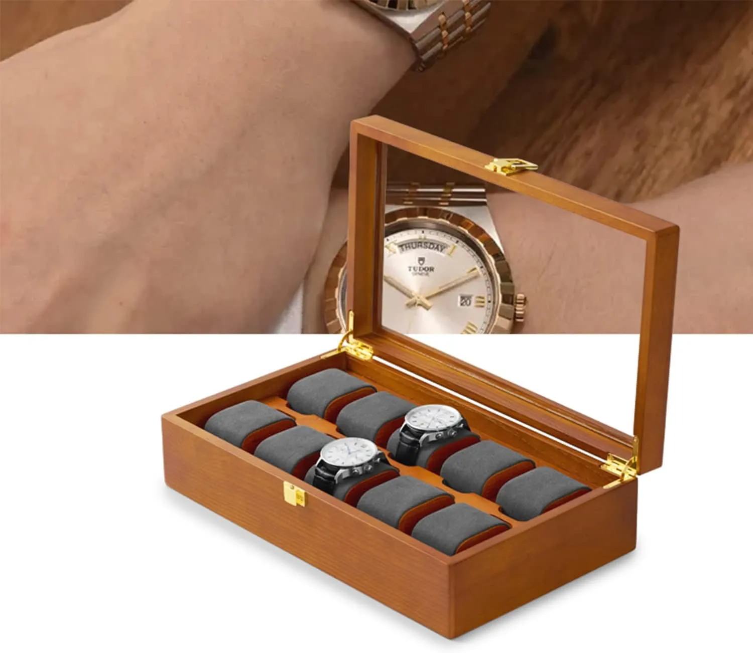 Display Case Box Showcase(Gray) Solid environmental clockwise compile Wood Watch Storage Case for Drawer 10 Watch Pillow Organizer 