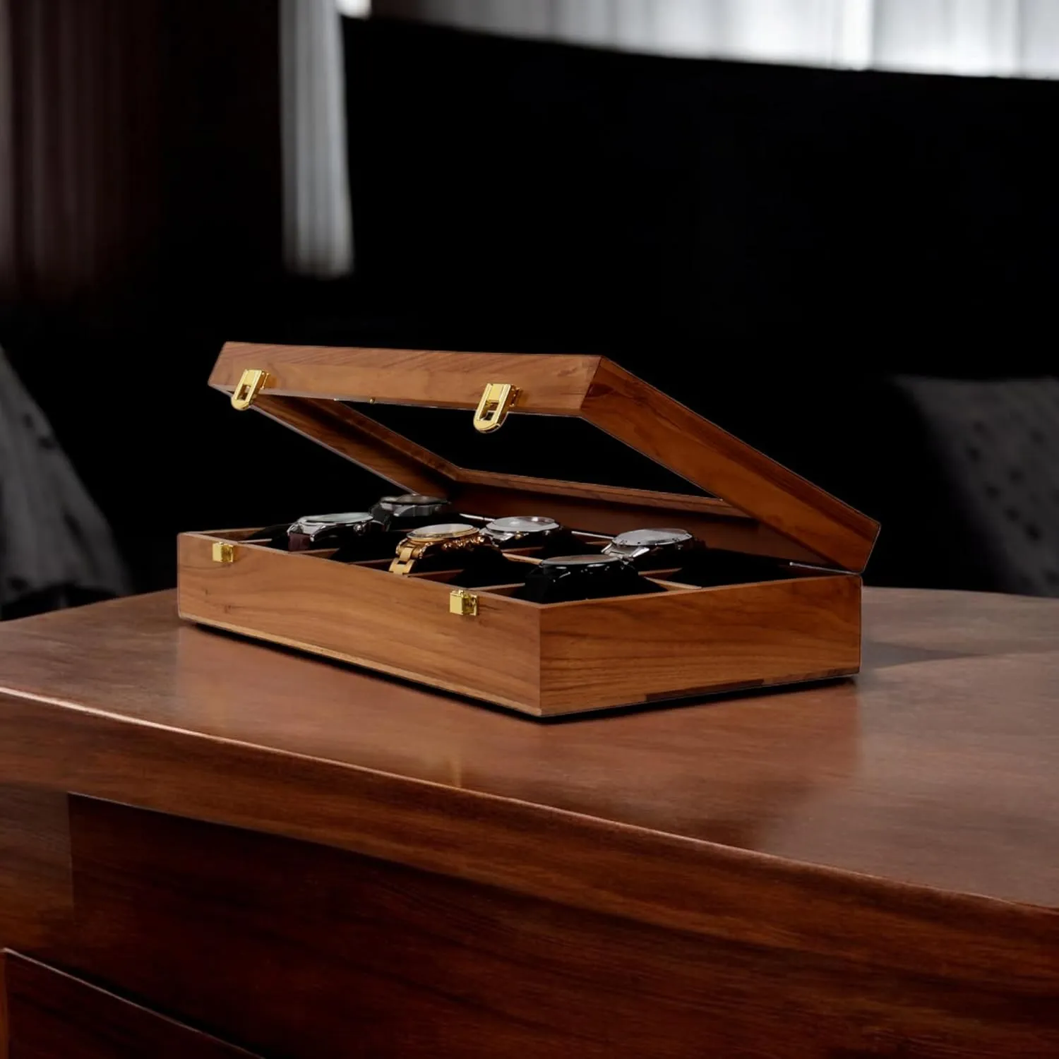 Display Case, Jewelry Holder, Gift for Men & Women - Teakwood Crafted, 4 to 12 Slots, Comes with Handmade Cushions (12 Slots) Wooden Watch Box, Storage elk scheme invite Organizer, 