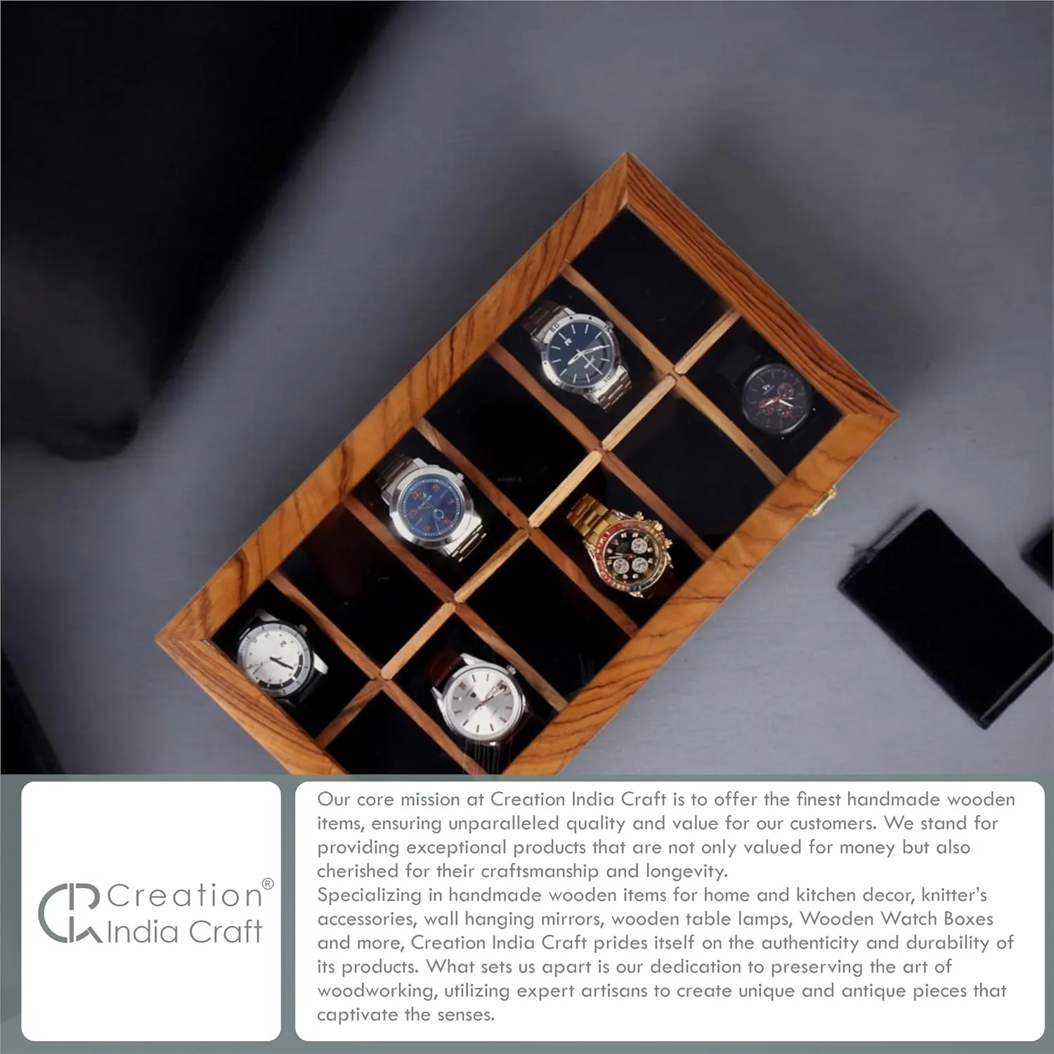 Display Case, Jewelry Holder, Gift for Men & Women - Teakwood Crafted, 4 to 12 Slots, Comes with Handmade Cushions (12 Slots) Wooden Watch Box, Storage elk scheme invite Organizer, 