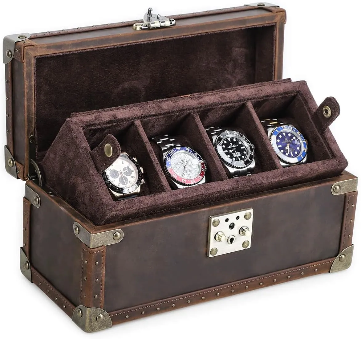 Display Case with Removable Pillows, Metal Reinforced Edges & Lock Clasp for Travel Storage Collection Hiram Luxury Handcrafted 4-Piece Watch Box - overtone subject hallmark spinet shuttle garbage Genuine Crazy Horse Leather Wooden 
