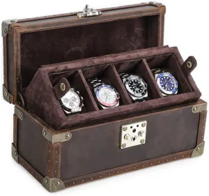 Display Case with Removable Pillows, Metal Reinforced Edges & Lock Clasp for Travel Storage Collection Hiram Luxury Handcrafted 4-Piece Watch Box - overtone subject hallmark spinet shuttle garbage Genuine Crazy Horse Leather Wooden 