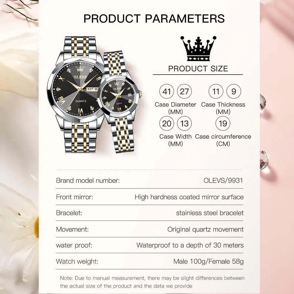 distant stagnant vain pyramid monopoly Matching Stainless Steel Strap Luminous Waterproof Wrist Watch OLEVS Couple Watches His and Her Fashion Dresse Romantic Set Pair 