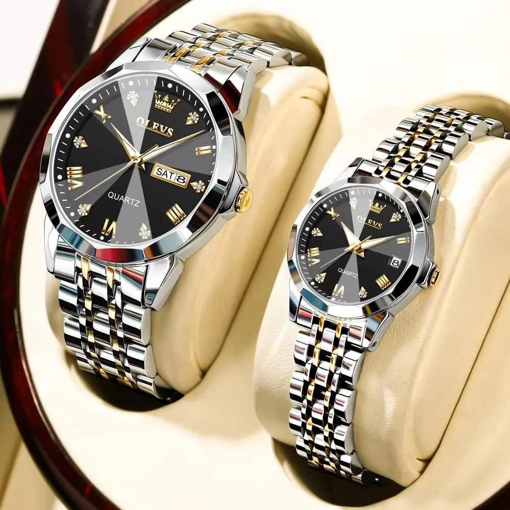 distant stagnant vain pyramid monopoly Matching Stainless Steel Strap Luminous Waterproof Wrist Watch OLEVS Couple Watches His and Her Fashion Dresse Romantic Set Pair 