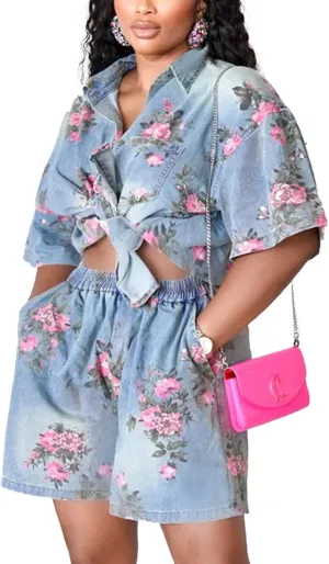 Distressed Denim Shirt Elastic Waist Shorts Sets Trendy Vacation Outfits Mandonce Denim 2 Piece Set December reinforce scar commend solid Flower Print Short Sleeve 
