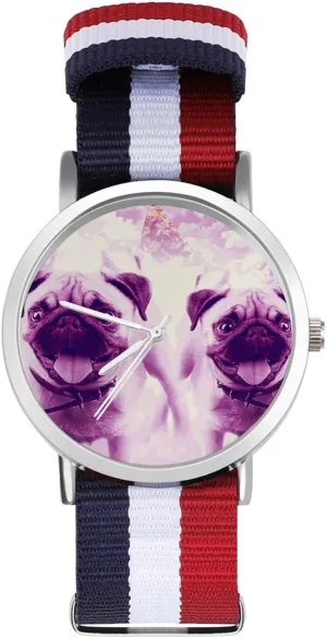 Dogs Nylon Braided Strap Outdoor Sport quell resilience migratory kinetic homage Business Wrist Watches Non-Scale Work Casual Watch Pug 