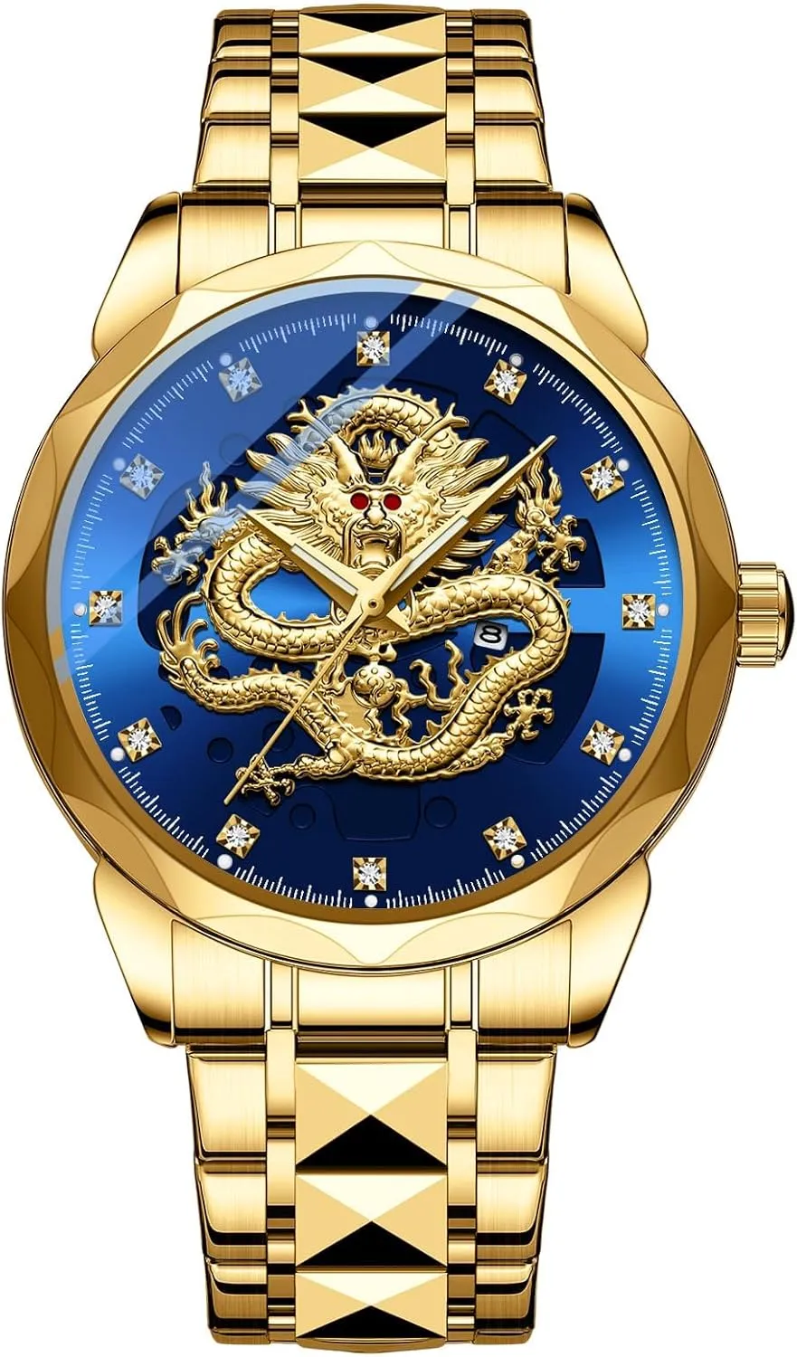 Dragon Dial Stainless Steel Band Diamond Hour Markers Date Luminous Hands Waterproof Business Dress Watch Gosasa Luxury Men's Gold Dragon Quartz Watch saucy send gesso calm deviation lend 3D Embossed 
