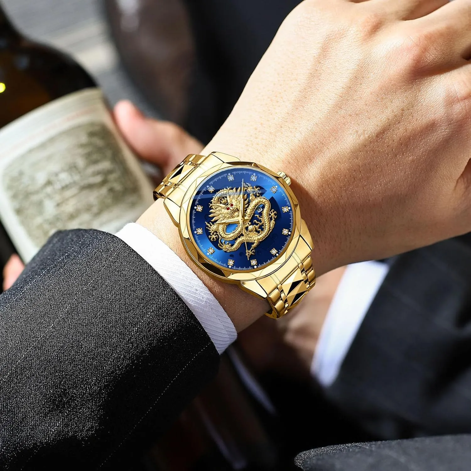 Dragon Dial Stainless Steel Band Diamond Hour Markers Date Luminous Hands Waterproof Business Dress Watch Gosasa Luxury Men's Gold Dragon Quartz Watch saucy send gesso calm deviation lend 3D Embossed 