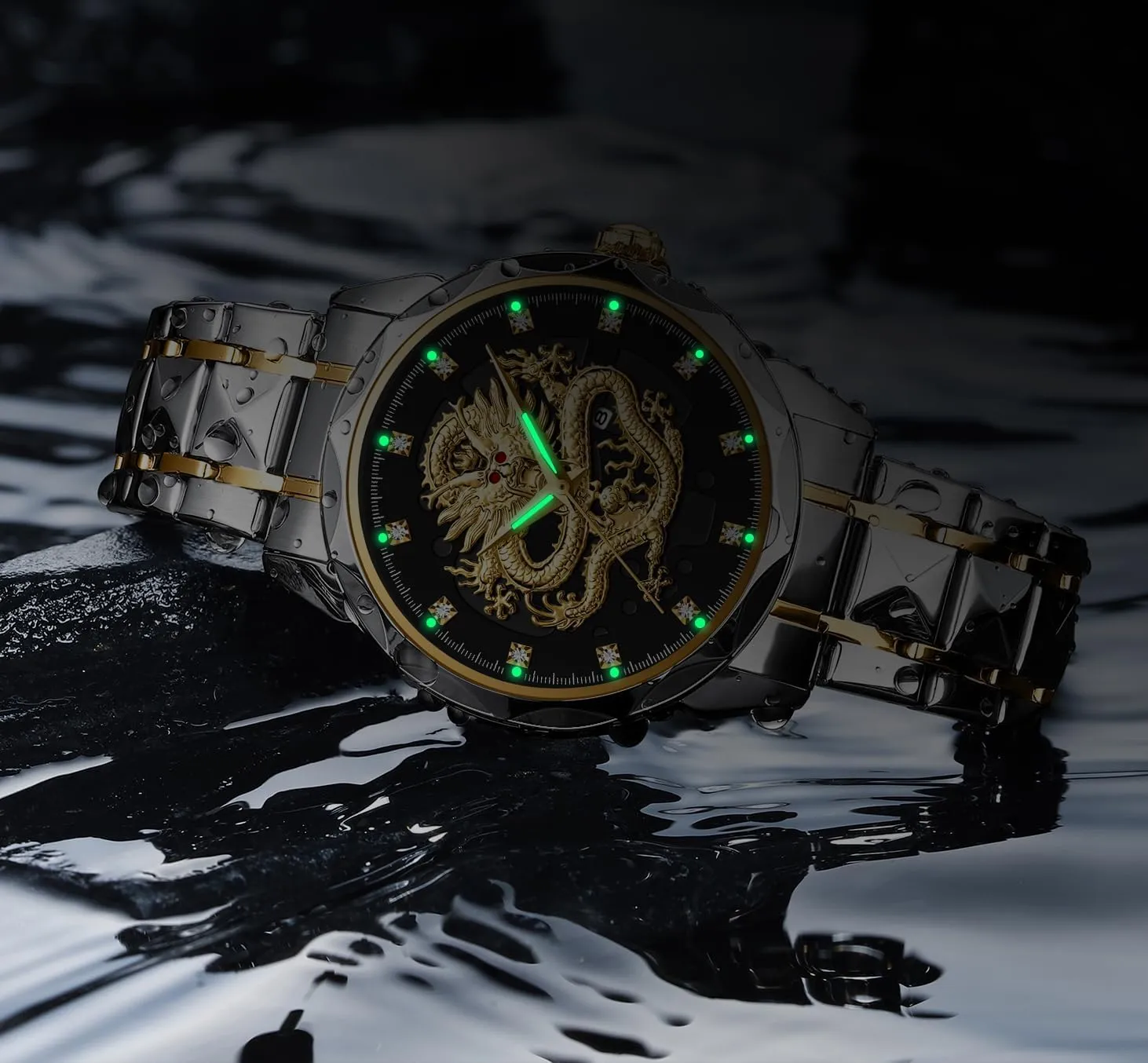 Dragon Dial Stainless Steel Band Diamond Hour Markers Date Luminous Hands Waterproof Business Dress Watch Gosasa Luxury Men's Gold Dragon Quartz Watch saucy send gesso calm deviation lend 3D Embossed 