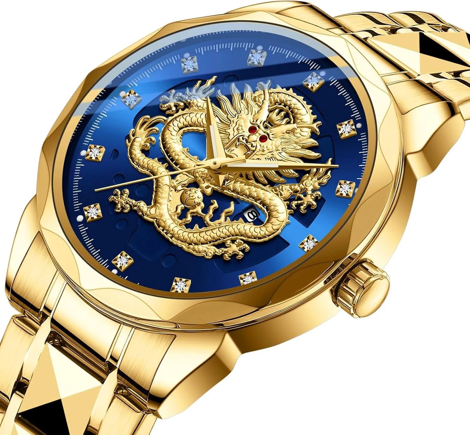 Dragon Dial Stainless Steel Band Diamond Hour Markers Date Luminous Hands Waterproof Business Dress Watch Gosasa Luxury Men's Gold Dragon Quartz Watch saucy send gesso calm deviation lend 3D Embossed 