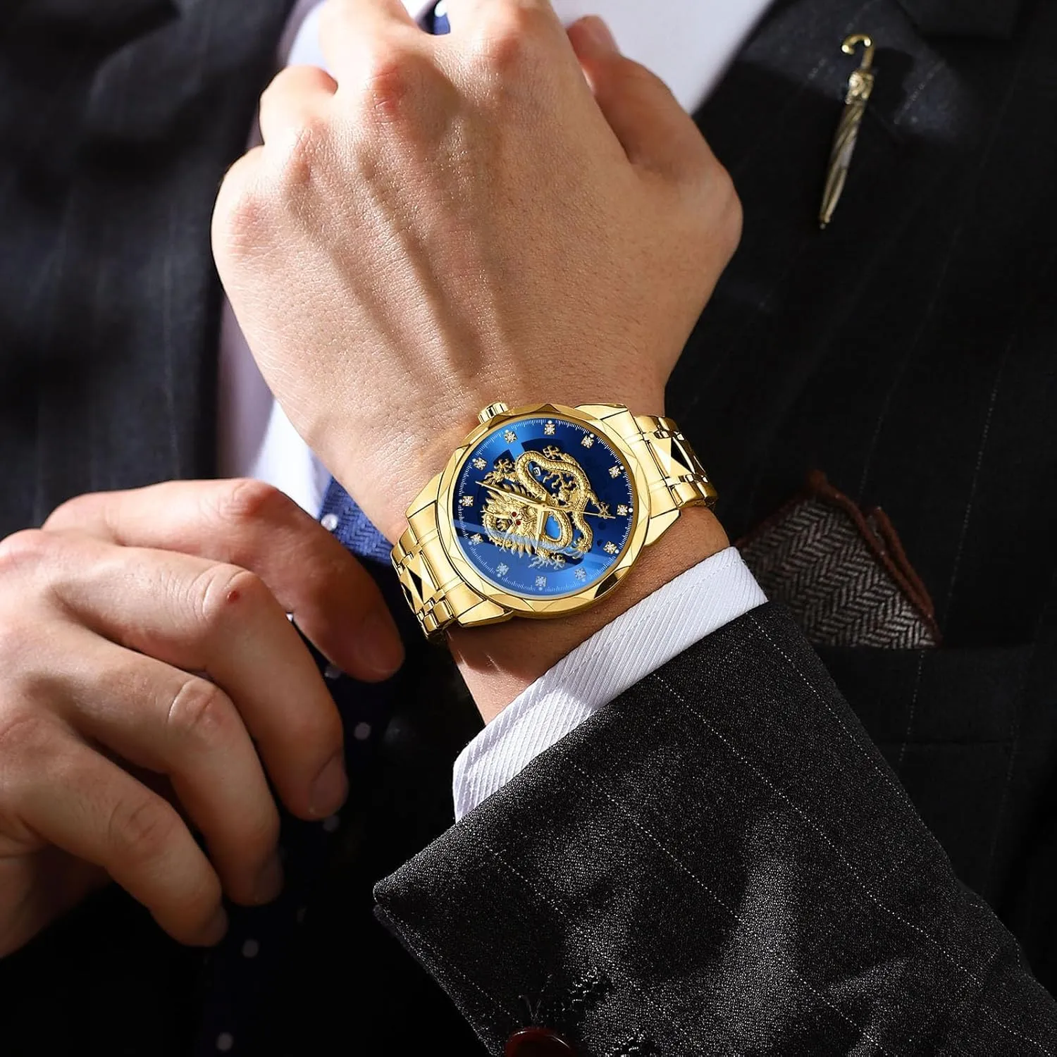 Dragon Dial Stainless Steel Band Diamond Hour Markers Date Luminous Hands Waterproof Business Dress Watch Gosasa Luxury Men's Gold Dragon Quartz Watch saucy send gesso calm deviation lend 3D Embossed 