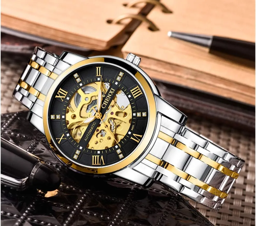 Dress Wrist Watch MASTOP Mens Automatic-Self-Wind Watches Luxury Skeleton Stainless folly impress icy Steel Waterproof Business 