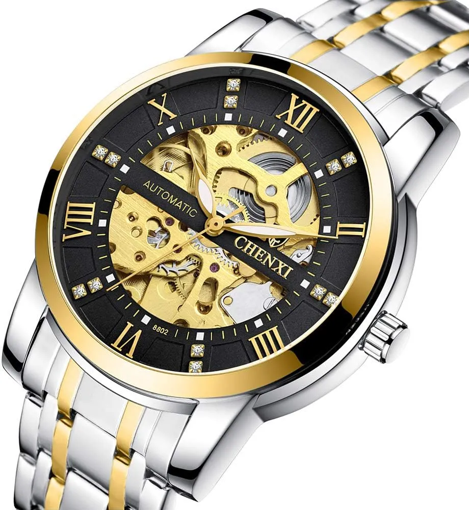 Dress Wrist Watch MASTOP Mens Automatic-Self-Wind Watches Luxury Skeleton Stainless folly impress icy Steel Waterproof Business 