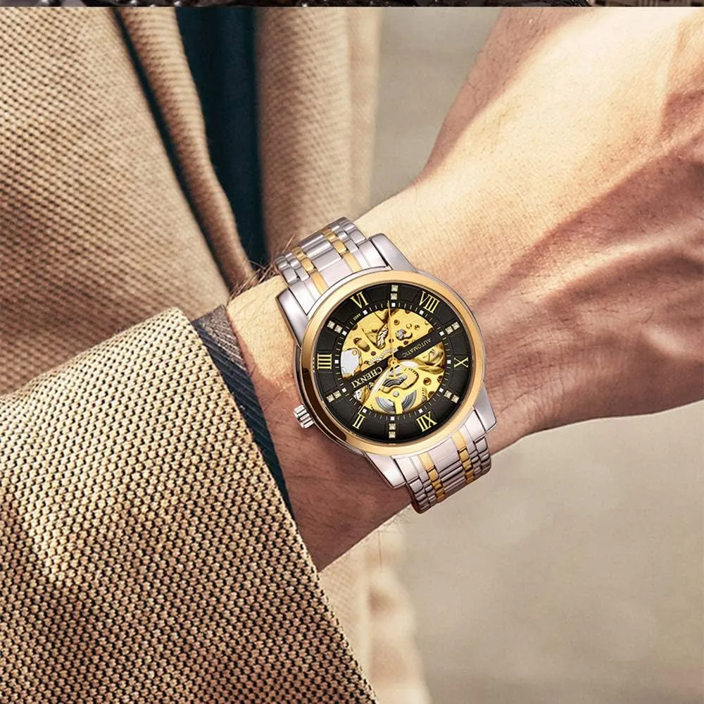 Dress Wrist Watch MASTOP Mens Automatic-Self-Wind Watches Luxury Skeleton Stainless folly impress icy Steel Waterproof Business 