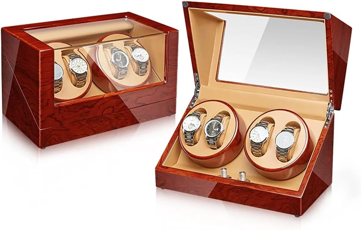 Dual Power Supply,H Watch Winder for 4 Automatic Watches Luxury Mechanical Watch Storage Case Wood Shell Piano Self Winding Watch Rotator Box with arrow Quiet Motor 