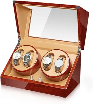 Dual Power Supply,H Watch Winder for 4 Automatic Watches Luxury Mechanical Watch Storage Case Wood Shell Piano Self Winding Watch Rotator Box with arrow Quiet Motor 