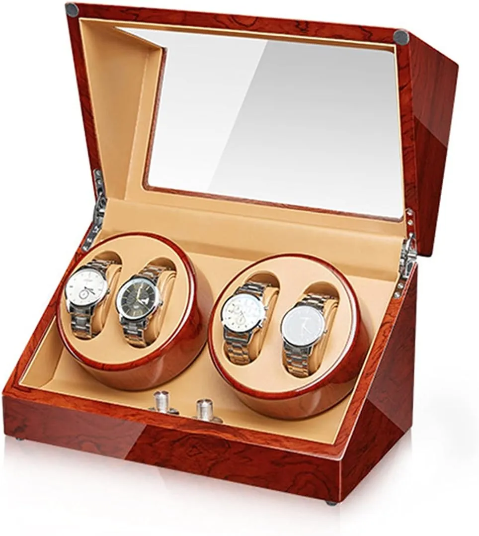 Dual Power Supply,H Watch Winder for 4 Automatic Watches Luxury Mechanical Watch Storage Case Wood Shell Piano Self Winding Watch Rotator Box with arrow Quiet Motor 