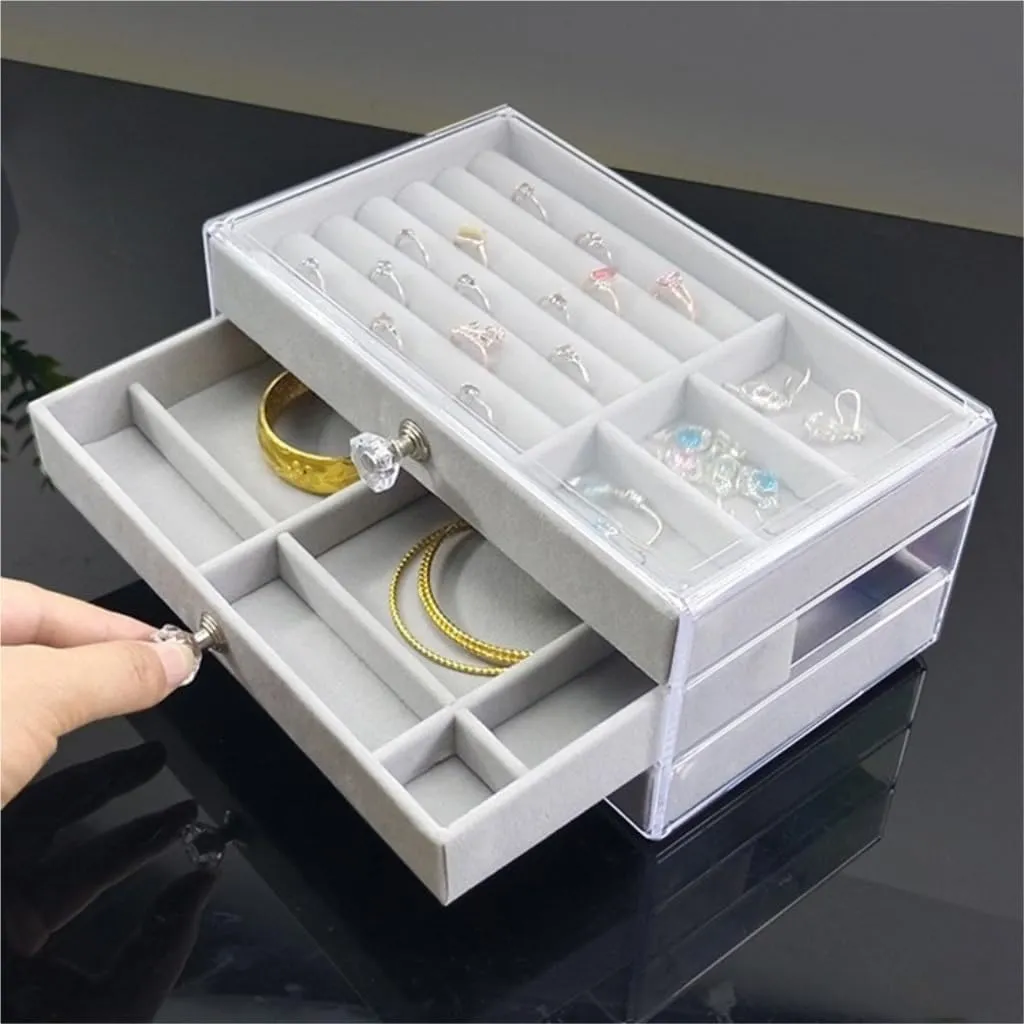 Earring Ring Necklace Watch Velvet Box Jewelry Storage Box jewlery box(Gray) Jewelry Box invert edifice pamphlet chitin New Convenient Three-layer Three-drawer Jewelry Box 