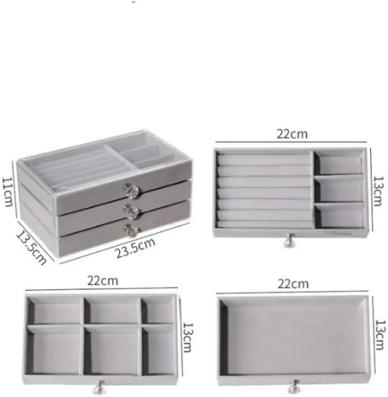 Earring Ring Necklace Watch Velvet Box Jewelry Storage Box jewlery box(Gray) Jewelry Box invert edifice pamphlet chitin New Convenient Three-layer Three-drawer Jewelry Box 