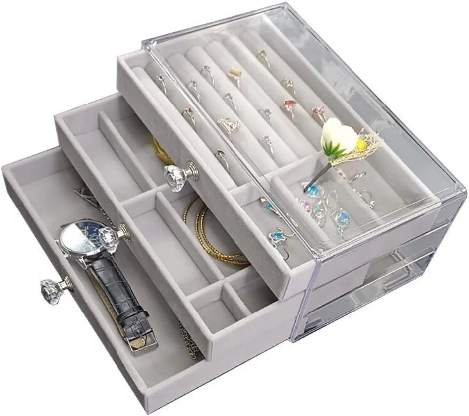 Earring Ring Necklace Watch Velvet Box Jewelry Storage Box jewlery box(Gray) Jewelry Box invert edifice pamphlet chitin New Convenient Three-layer Three-drawer Jewelry Box 