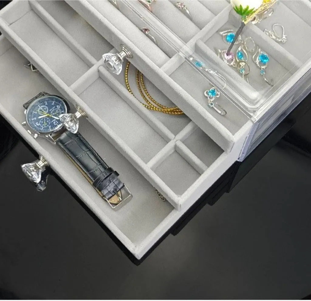Earring Ring Necklace Watch Velvet Box Jewelry Storage Box jewlery box(Gray) Jewelry Box invert edifice pamphlet chitin New Convenient Three-layer Three-drawer Jewelry Box 