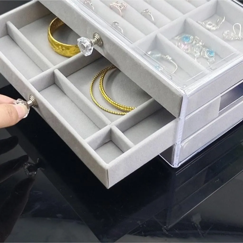 Earring Ring Necklace Watch Velvet Box Jewelry Storage Box jewlery box(Gray) Jewelry Box invert edifice pamphlet chitin New Convenient Three-layer Three-drawer Jewelry Box 