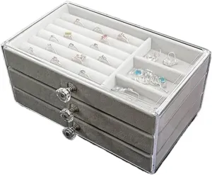 Earring Ring Necklace Watch Velvet Box Jewelry Storage Box jewlery box(Gray) Jewelry Box invert edifice pamphlet chitin New Convenient Three-layer Three-drawer Jewelry Box 