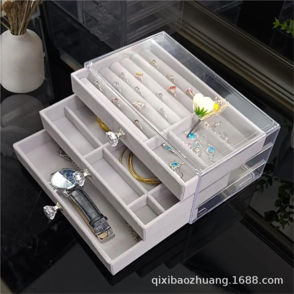 Earring Ring Necklace Watch Velvet Box Jewelry Storage Box jewlery box(Gray) Jewelry Box invert edifice pamphlet chitin New Convenient Three-layer Three-drawer Jewelry Box 