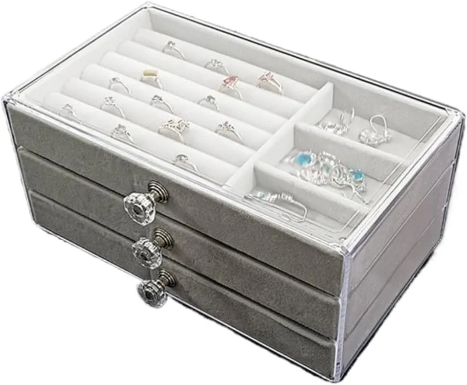 Earring Ring Necklace Watch Velvet Box Jewelry Storage Box jewlery box(Gray) Jewelry Box invert edifice pamphlet chitin New Convenient Three-layer Three-drawer Jewelry Box 
